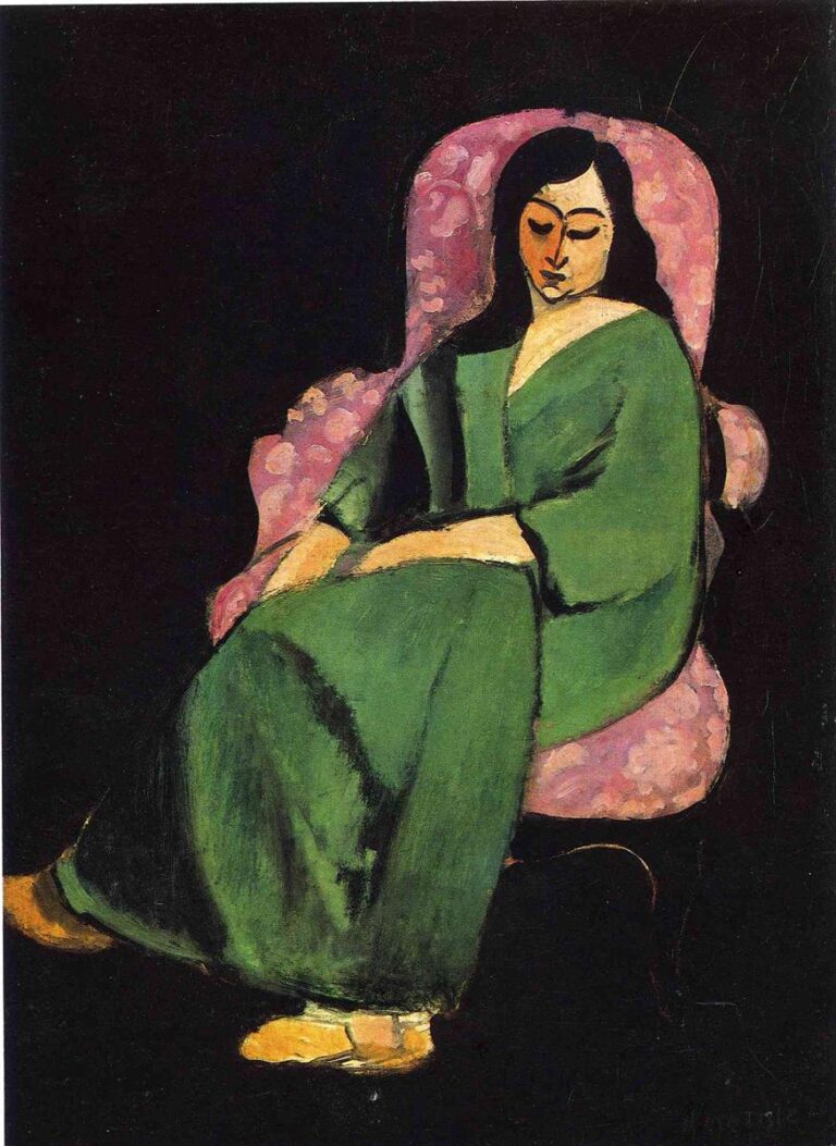 Woman in a flowing green robe reclining in a pink patterned armchair against a deep black background; simplified masklike face with downturned gaze, bold black contours, and broad planes of color characteristic of Matisse’s 1916 style.