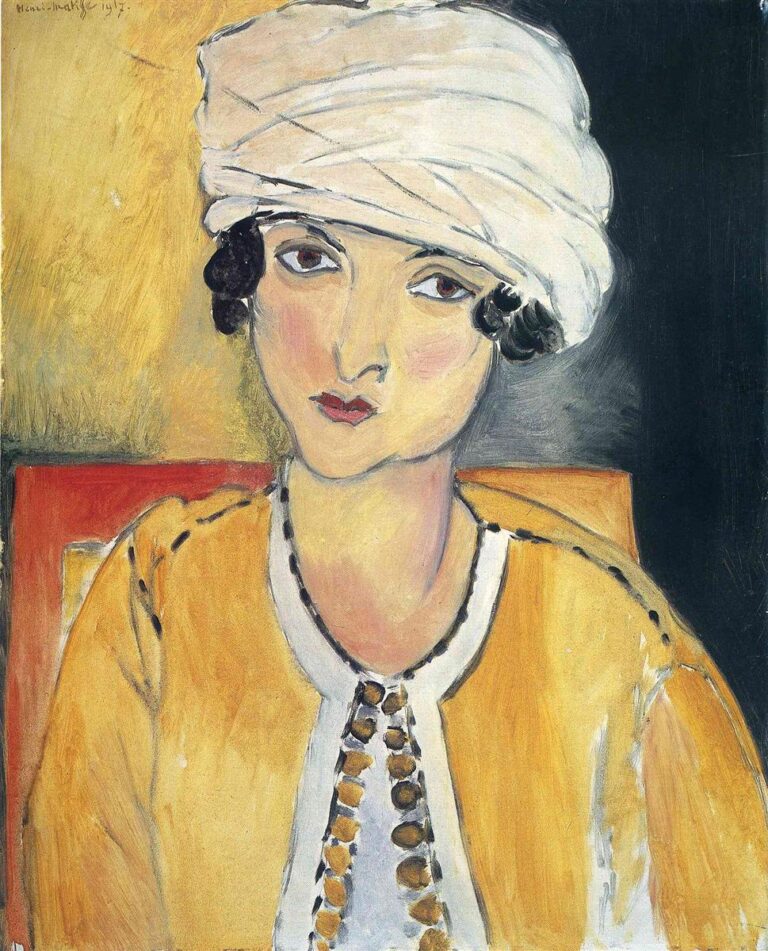 Frontal half-length portrait by Henri Matisse of Lorette wearing a white turban and yellow vest over a pale blouse; small red mouth, large dark eyes, and simplified chair back against a split ochre-and-charcoal background; strong black outlines and broad color fields create a calm, modern design.