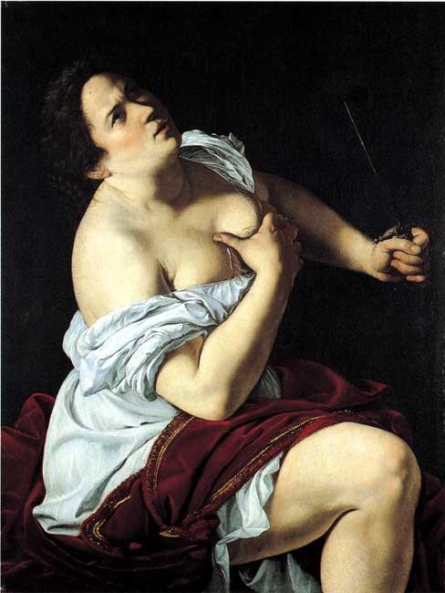 Baroque painting of Lucretia poised to stab herself, one hand gripping her breast, the other holding a dagger, illuminated against a dark background with white and crimson drapery, by Artemisia Gentileschi, circa 1620.