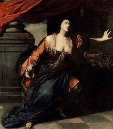 Lucretia sits in a dim interior beneath a red canopy, one hand extended outward as the other gathers her robe at the breast with a dagger; a stone pedestal and checkered floor frame the tense, light-struck moment before her fatal decision.