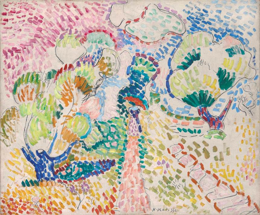 A Fauvist landscape by Henri Matisse showing Madame Matisse with a parasol walking up a pink path between olive trees, the scene built from short dabs of green, yellow, orange, lilac, and blue with areas of bare canvas shining through like Mediterranean light.