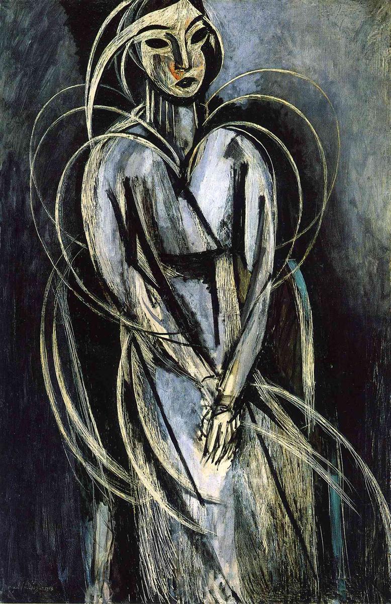 Tall, front-facing figure of a woman built from sweeping pale arcs and strong black strokes on a blue-gray field; masklike face with almond eyes, clasped hands at the waist, and looping lines that surround the body, painted by Henri Matisse in 1914.