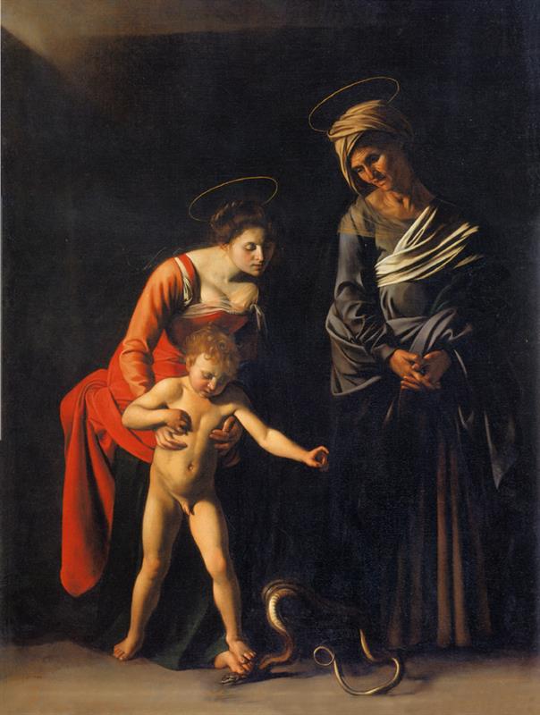 In deep shadow, the Virgin Mary steadies the nude Christ Child as he steps on a coiled serpent while St. Anne watches; faint haloes ring their heads, Mary wears a red gown, St. Anne a dark shawl, and light isolates the figures against a black background.