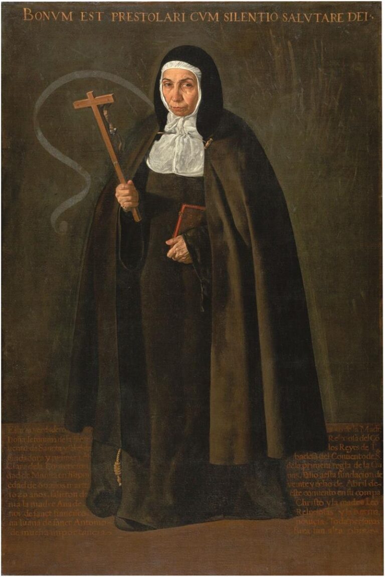 Full-length portrait of a Franciscan nun in a dark habit and white wimple holding a wooden crucifix and a small book, set against a plain brown background with Latin and Spanish inscriptions; steady gaze, minimal ornament, and focused light emphasize her resolute presence.