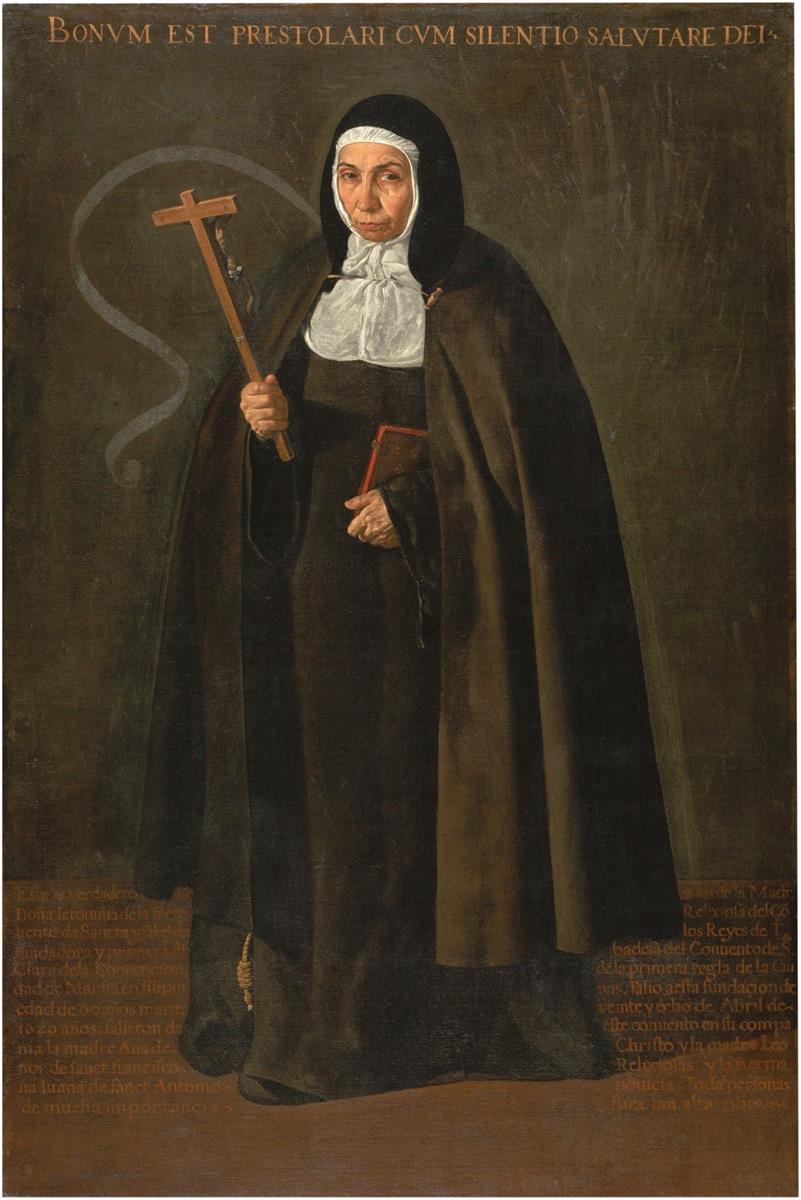 Full-length portrait of a Franciscan nun in a dark habit and white wimple holding a wooden crucifix and a small book, set against a plain brown background with Latin and Spanish inscriptions; steady gaze, minimal ornament, and focused light emphasize her resolute presence.