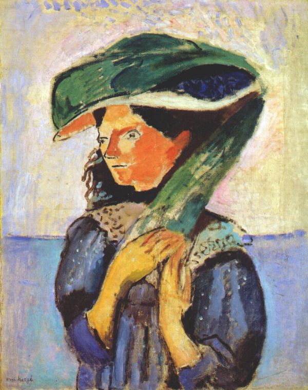 Portrait of a young woman outdoors wearing a large green hat and holding a green scarf; her face is painted in warm oranges, her dress in deep blues and violets, with a thin blue sea line across a pale sky behind her.