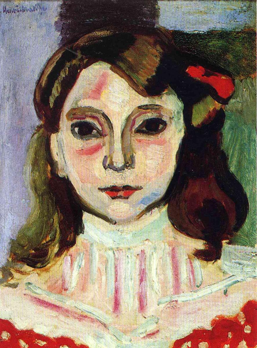 Frontal Fauvist portrait of a young woman with dark hair and a red bow, pale face modeled by pinks, lilacs, and cool blues; dark almond eyes, small red lips, and a light blouse with pink and white strokes against a soft lilac-green background (Henri Matisse, 1906).
