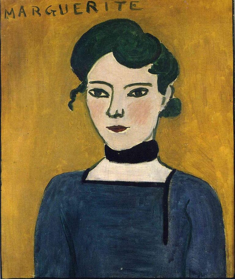 Frontal bust portrait of a young woman named “Marguerite” written across the top; she wears a dark blue-green dress and black choker, with pale face, stylized dark hair, and a flat ocher background, painted with strong black contours in Matisse’s 1907 style.
