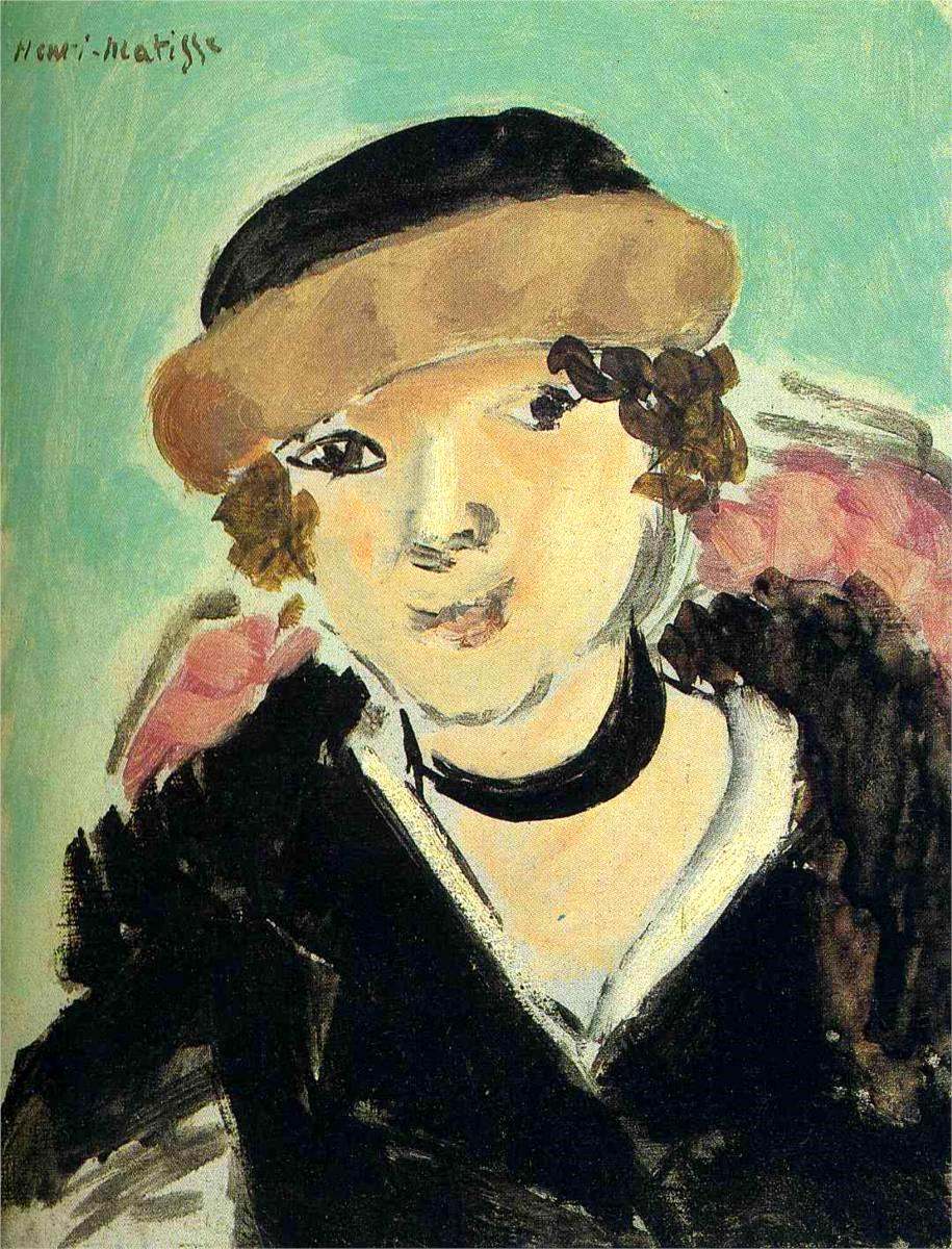 Portrait of a young woman by Henri Matisse with a buff felt hat, black choker, and dark jacket against a pale turquoise background; simplified features, visible brushstrokes, and warm-cool color contrasts convey a poised, modern presence.