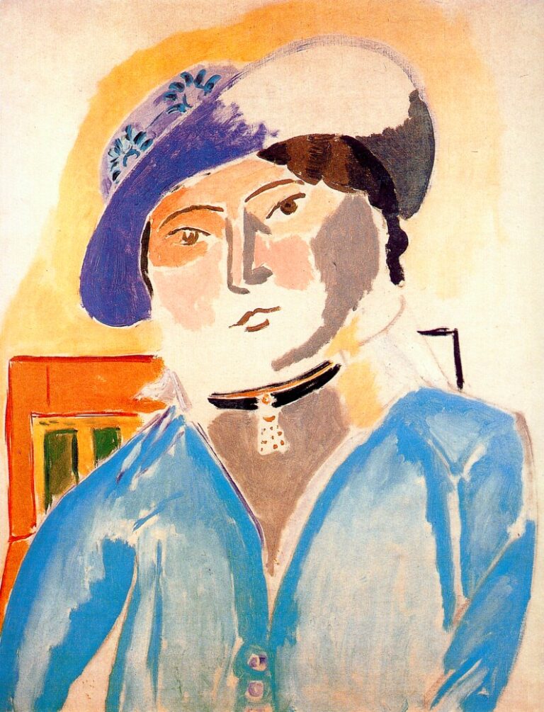 Close-frontal portrait of a woman wearing a violet-blue leather hat and sky-blue jacket, with a black choker and pendant; warm cream background with an orange rectangle at left; face simplified into pale reserves and gray planes with bold contours, painted by Henri Matisse in 1914.
