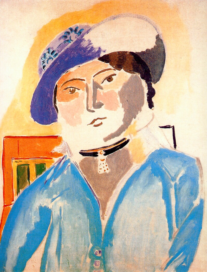 Close-frontal portrait of a woman wearing a violet-blue leather hat and sky-blue jacket, with a black choker and pendant; warm cream background with an orange rectangle at left; face simplified into pale reserves and gray planes with bold contours, painted by Henri Matisse in 1914.