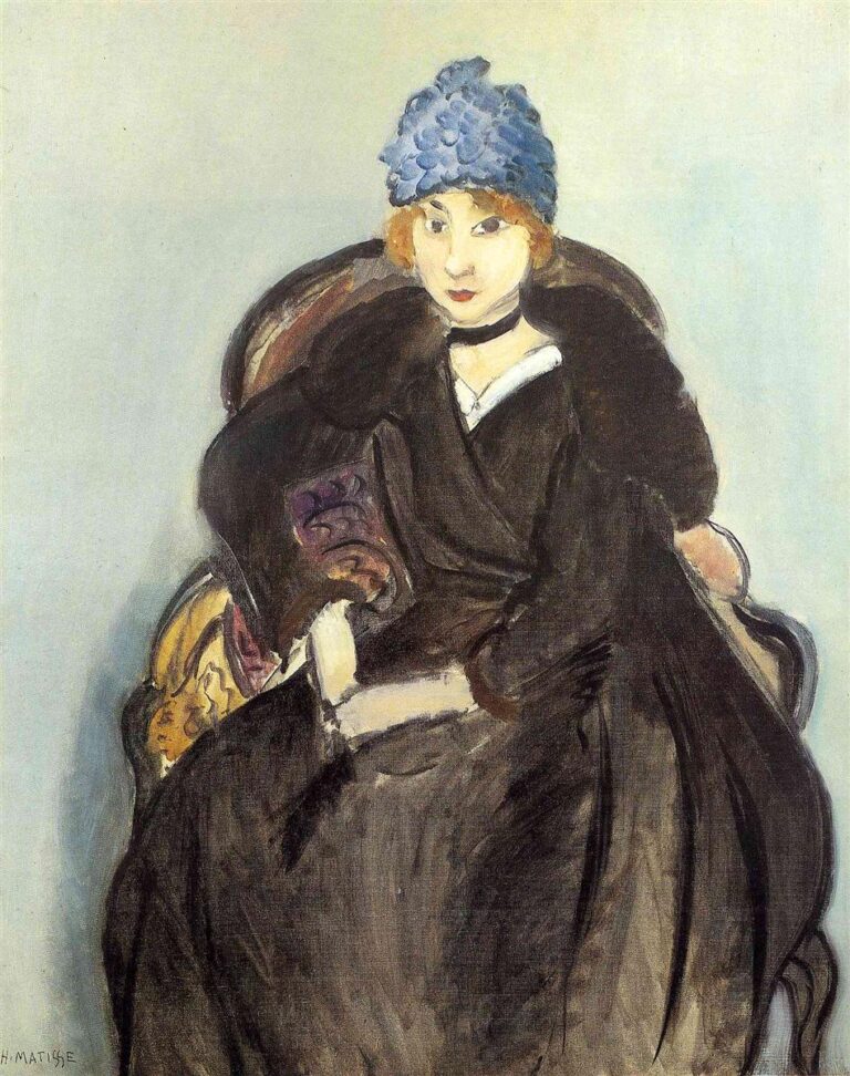 Seated portrait of Marguerite Matisse wearing a textured blue hat and black dress in an upholstered armchair, pale blue-gray background, small white collar and black choker; simplified forms, visible brushwork, and tuned warm–cool contrasts typical of Matisse in 1918.