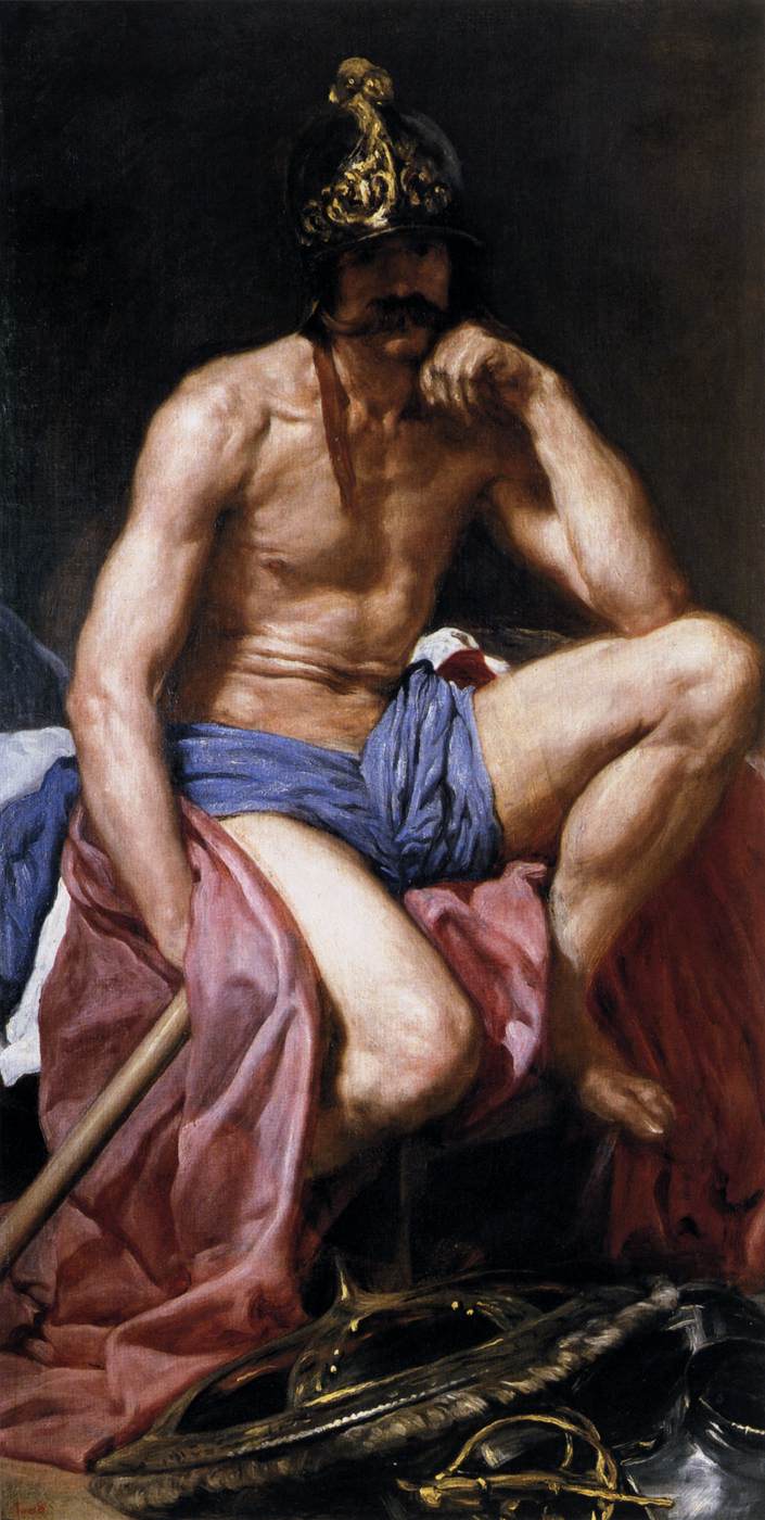 Seated, bare-chested Mars wearing a crested helmet rests on a bed, one arm propping his head, crimson and blue drapery over his lap, scattered armor on the floor, all set against a dark, quiet background.