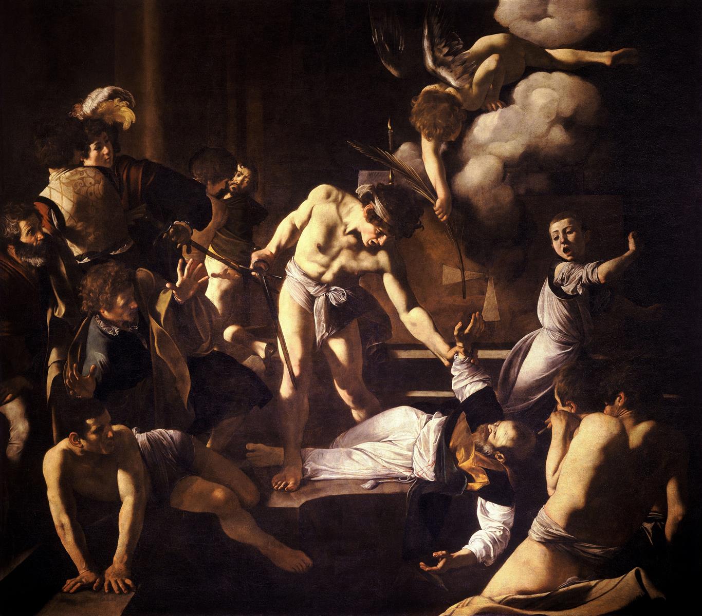 Amid stark light and deep shadow inside a church, a near-nude executioner strides toward the fallen Saint Matthew, who reaches to a descending angel offering a palm, while terrified onlookers scatter around an altar block.