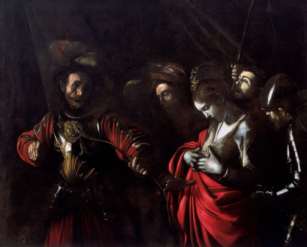 In a dark, shallow space a richly armored king recoils as Saint Ursula, draped in a red mantle, calmly looks down at the arrow that has just pierced her; soldiers crowd behind her, their faces lit by a sharp beam that highlights steel, skin, and cloth.