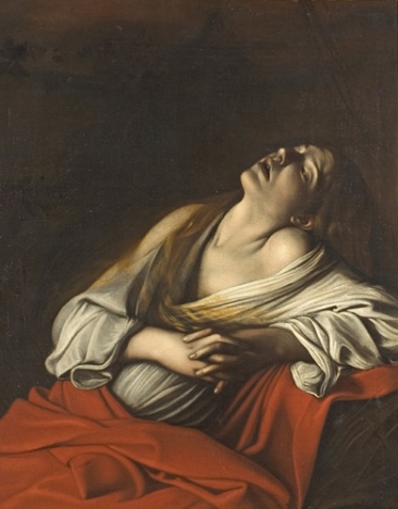 In deep shadow, Mary Magdalen leans back with eyes closed and mouth slightly open, hands clasped at her chest, wearing a white chemise and red mantle as light grazes her face, throat, and fingers against a dark background.