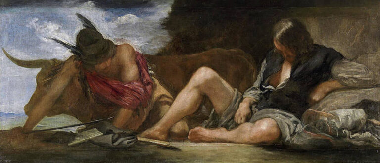 Two half-dressed men and a brown cow rest in a shallow landscape; Mercury leans toward the sleeping Argus with hat, pipe, and caduceus on the ground as clouds gather overhead, capturing the tense pause before the mythic killing.