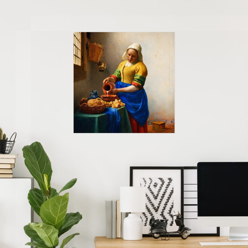 Poster print of “The Milkmaid” by Johannes Vermeer, featuring a Dutch maid pouring milk at a table in a sunlit kitchen interior with bread and pottery.