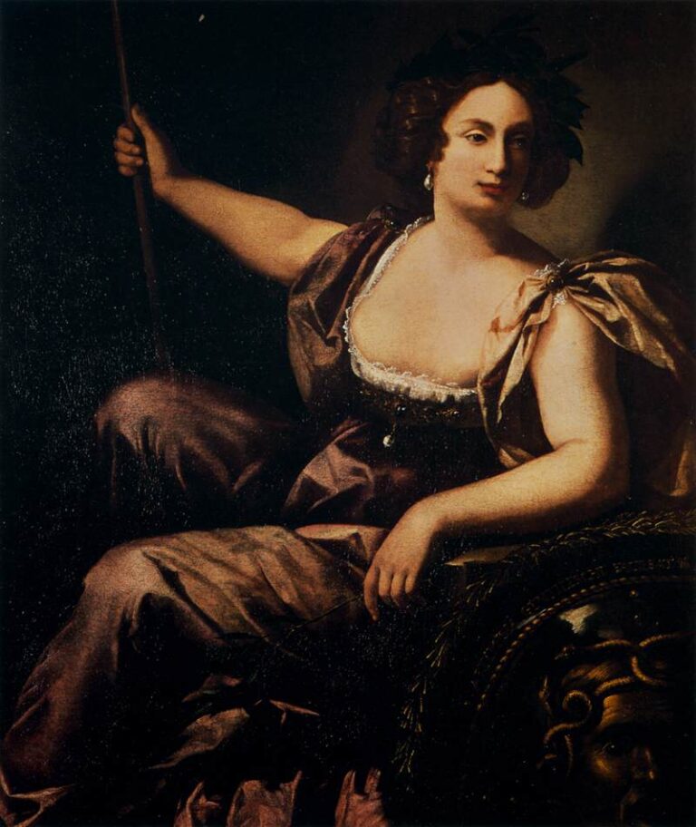 Seated Minerva holds a vertical spear, wears a laurel crown and pearl earrings, and rests one hand near a shield bearing Medusa; violet satin drapery and a bright chemise glow against a dark background.
