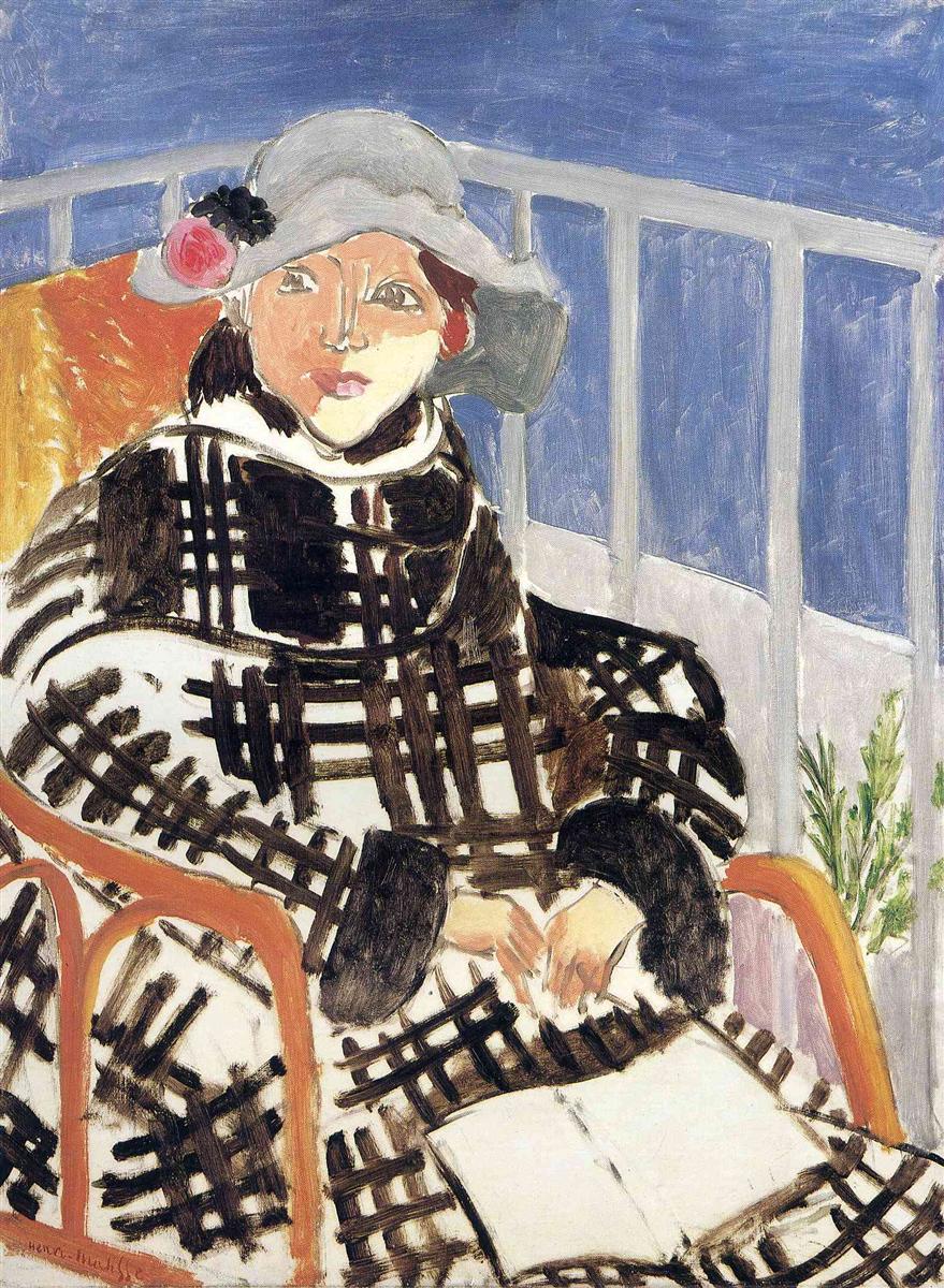 Seated young woman on a balcony wearing a black-and-white Scotch plaid coat and gray hat with pink rosette, ochre bentwood chair, white railing against blue sea, open notebook on lap; simplified forms, bold black pattern, and calm maritime palette typical of Matisse in 1918.
