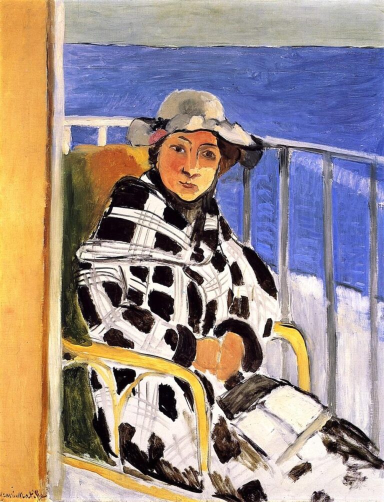 Portrait of a young woman seated on a balcony by the sea, wearing a black-and-white Scottish plaid coat and gray hat; yellow bentwood chair, white railings, deep blue water, and simplified forms with bold black accents in Matisse’s 1918 style.