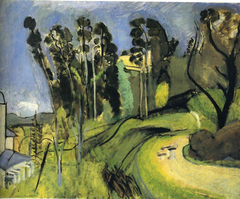 Mediterranean landscape with a pale S-shaped road curving through green hills, tall wind-leaning trees drawn in dark calligraphic strokes, blue sky brushed in diagonal passes, and small rooflines at left; simplified forms and tuned color characteristic of Matisse in 1918.