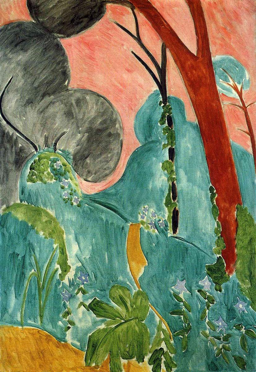 A 1912 painting by Henri Matisse showing a stylized garden with turquoise-green mounds of foliage, a salmon-pink sky, a vertical rust-red tree trunk, gray rounded canopies at left, scattered violet star-flowers, and a small ochre path, all rendered in broad, flattened color fields with soft contours.