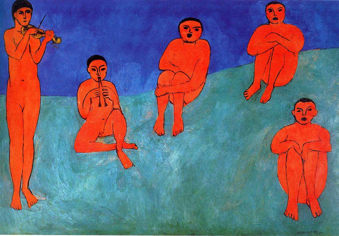 Five simplified red nude figures arranged across a green ridge under a solid blue field; a violinist stands at left, a flutist sits near center, and three listeners sit with clasped knees, all outlined in dark contours in Henri Matisse’s 1910 panel “Music.”