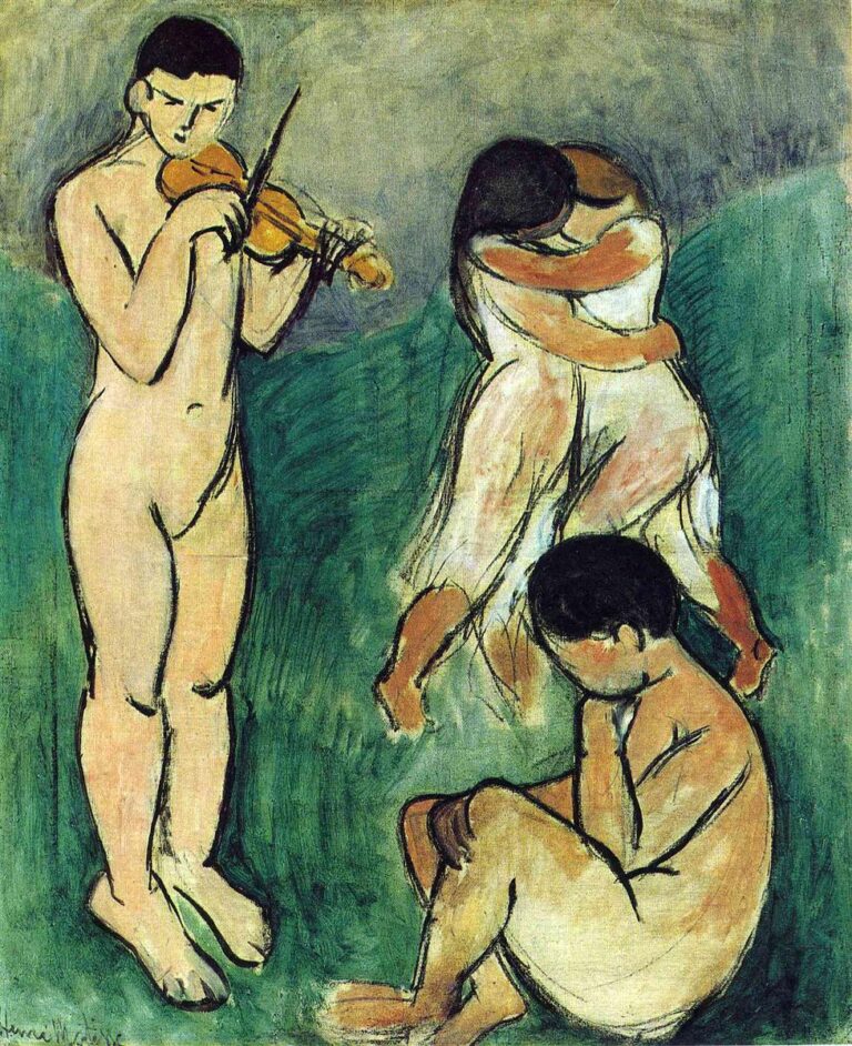 Four simplified figures on a flat green field: a nude youth at left plays a violin, two lightly draped dancers embrace and turn near the center, and a seated child curls inward at lower right; strong black contours and restrained green–gray tones create a calm, rhythmic atmosphere.