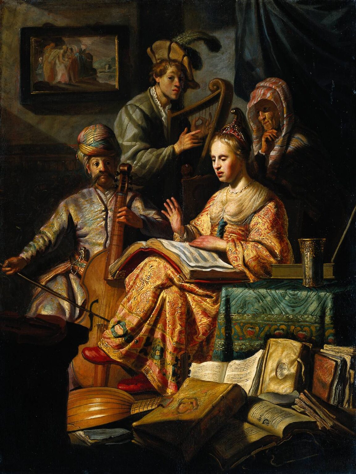 In a richly furnished room, a young woman in ornate robes conducts from an open music book as a turbaned viol player and a boy harpist attend, while an older chaperone watches; books, a lute, and a gilded cup lie in the foreground under focused light.