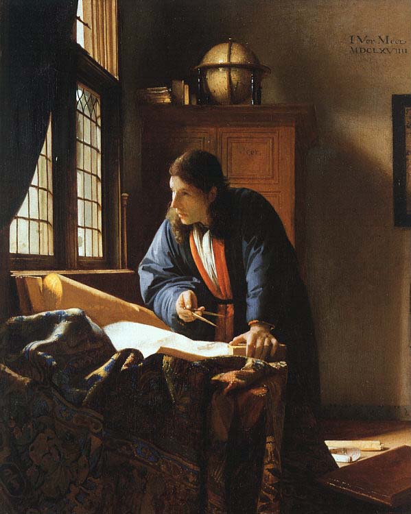 A man in a blue robe leans over a map spread on a carpeted table, holding dividers as light streams through a leaded window; a terrestrial globe sits on a cabinet behind him, with books and papers scattered in a quiet Delft study.