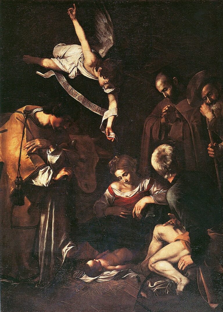 In a dark stable Mary sits low beside the newborn Christ lying on straw as Joseph, two humble shepherds, and the praying figures of St. Francis and St. Lawrence gather around; a small angel hovers above with a ribbon bearing the Gloria, all illuminated by a warm, focused light against deep shadow.