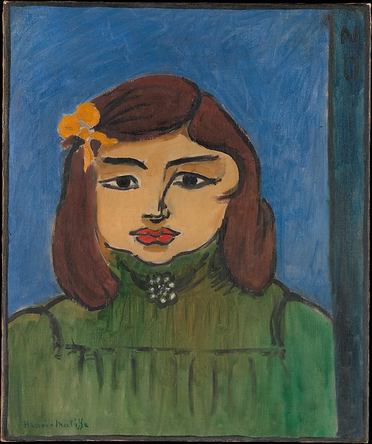 Portrait of a young girl with brown bobbed hair against a saturated blue background; orange flower in her hair, bright red lips, and a high-neck green dress with a small jeweled clasp. Strong black outlines define the features, and a narrow darker blue vertical band at right bears the letters “NO,” characteristic of Matisse’s bold, simplified style from 1908.