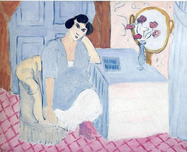 Interior scene with a seated woman in a pale blue dress leaning her head on her hand; behind her, blue paneled doors; at right, a light-blue table and an oval gold-framed mirror reflecting a vase of red-pink poppies; pink diamond-patterned floor; simplified forms, soft Mediterranean light, and clear black contours.