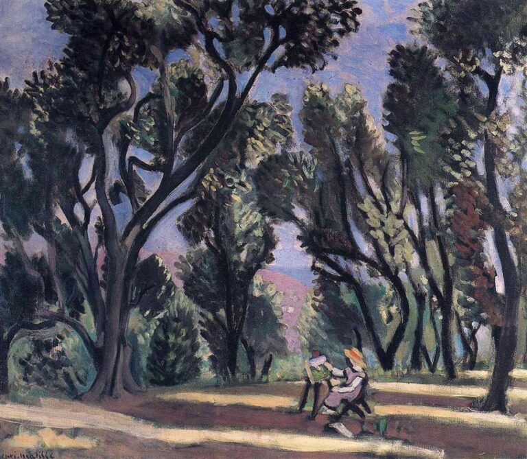Woodland clearing with tall, curving tree trunks and tufted foliage under a violet-blue sky; broad bands of light and shadow across the ground; a small bench with two simplified figures at lower right; expressive black contours and tuned greens characteristic of Matisse’s 1918 style.