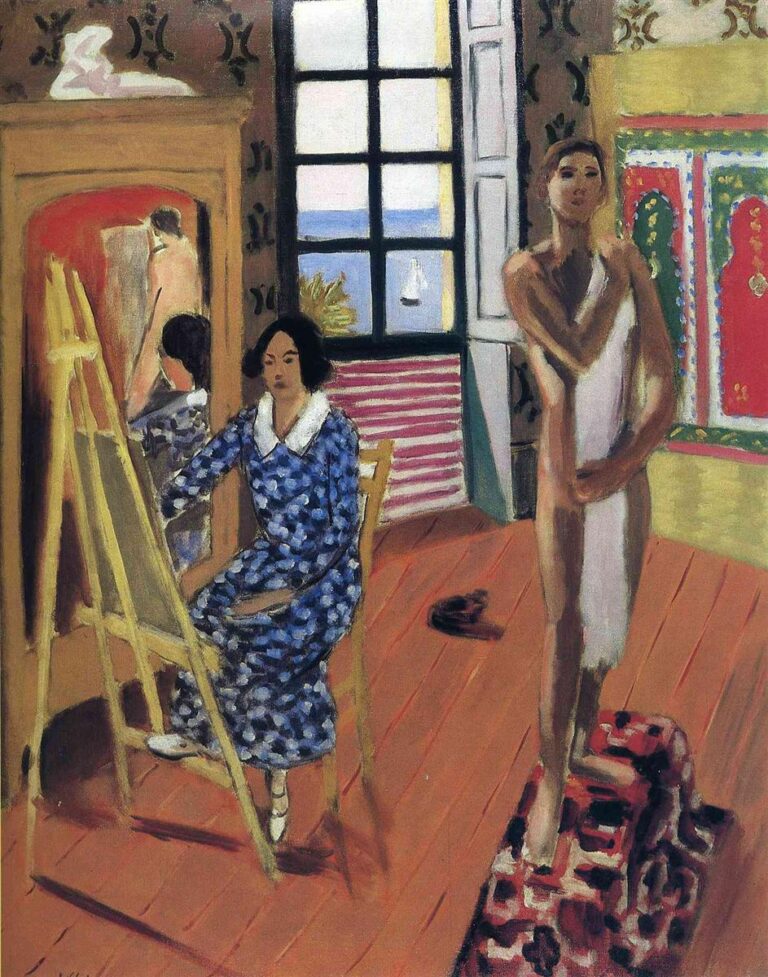 A patterned studio shows a woman painting at an easel, a nude model standing on a small red rug, and a large window with sea and awning stripes; a mirror behind the easel reflects both painter and model while a red-and-green screen and ochre mantle frame the scene.