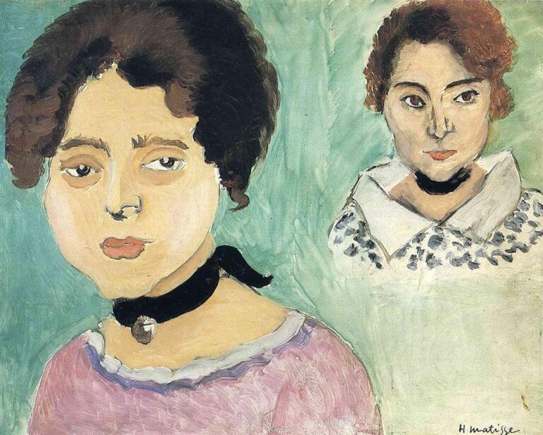 Two portraits of the same young woman painted on a mint-green background; at left a large head-and-shoulders in a lavender dress with a black ribbon choker; at right a smaller bust with white collar and patterned blouse, also wearing a black ribbon; simplified features, soft brushwork, and calm Mediterranean light.