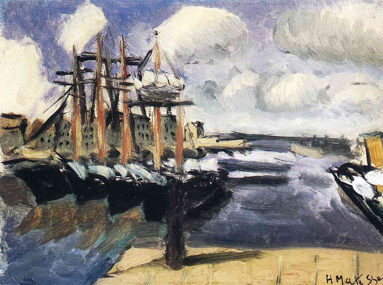 A lively harbor view with four boats moored together at left, their tall rust-colored masts rising against a sky of thick white clouds; dark hulls with bright highlights line the quay, open blue-violet water stretches to a distant shore, and a stone pier cuts into the foreground where Matisse’s signature appears.