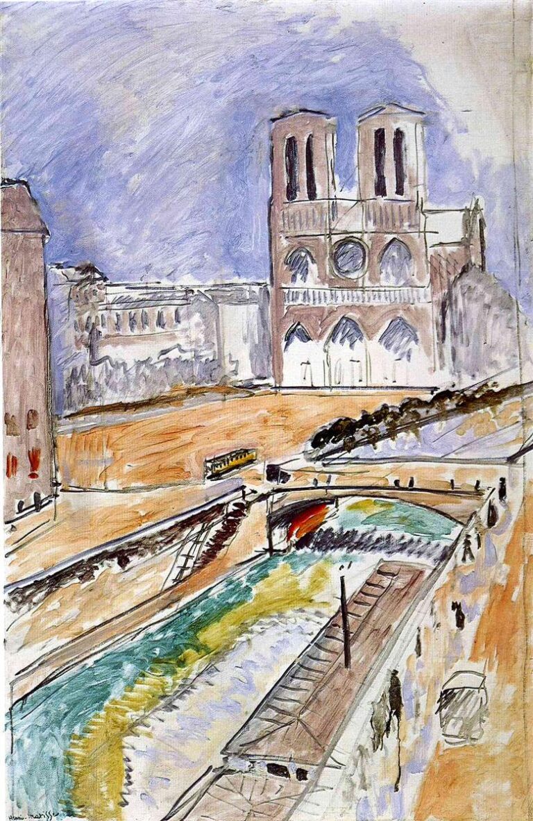 View of Notre-Dame Cathedral with twin towers at upper right, a violet sky, ochre square, and the Seine sweeping diagonally under a small bridge; figures and quays sketched in quick strokes, with green and gold bands of water, painted by Henri Matisse in 1914.