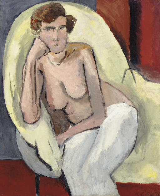 A half-nude woman leans her left elbow on a pale oval armchair, her torso bare and legs draped in white cloth, set against a shallow gray wall and wine-red floor, with simplified contours and broad color planes typical of Matisse’s style.