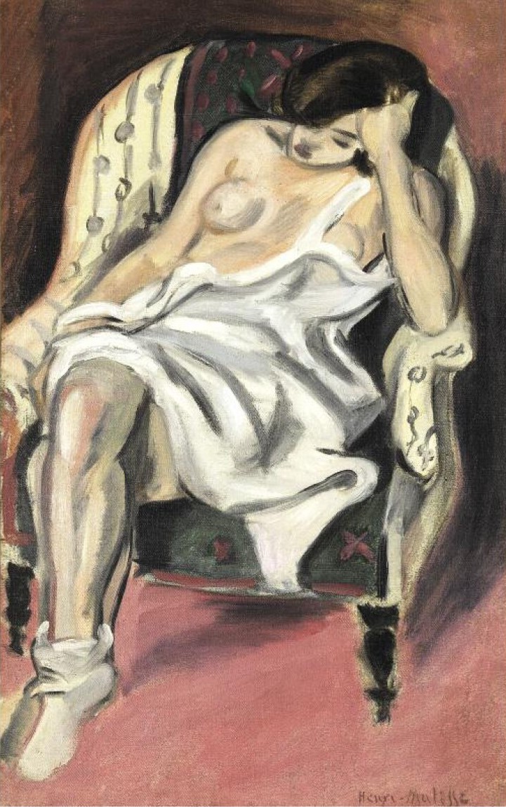 A young woman sits slouched in a large patterned armchair, one arm resting on her forehead, a white drape across her lap, on a muted pink floor; painted by Henri Matisse.