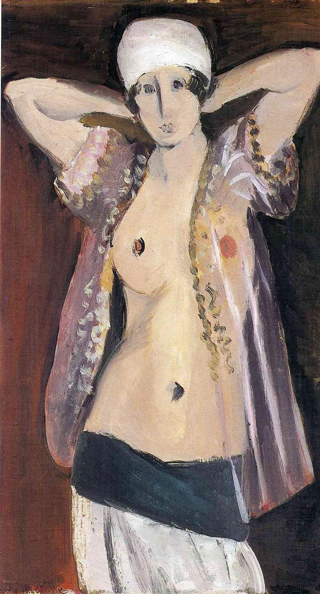 Vertical painting of a woman in a white turban and sheer mauve blouse, arms raised behind head, torso exposed; dark sash at hips, pale skirt below; warm reddish-brown background; thin, translucent brushwork suggesting fabric and soft Mediterranean light.