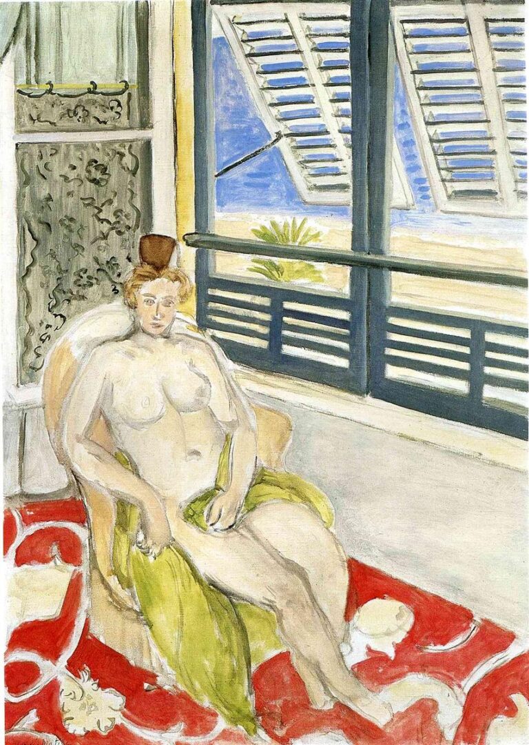 Seated nude woman in an armchair near a large window with blue louvered shutters opened toward a bright beach and sea; green drape across her lap; red carpet with white swirling motifs; cool Mediterranean light, simplified forms, and confident black-blue contours.