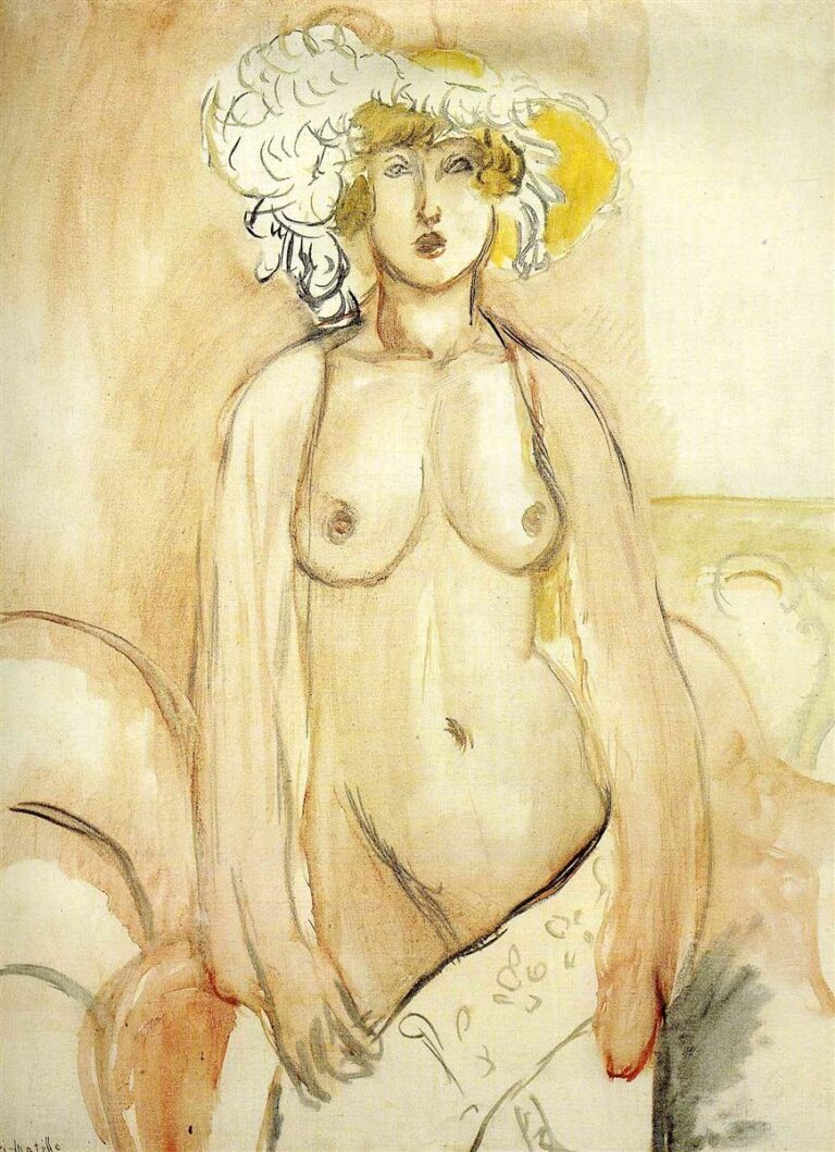 Standing female nude wearing a large white feathered hat with yellow tones; body modeled in thin ochre and gray washes; black brush contour defines form; minimal warm background with faint upholstery curves; calm frontal pose and airy Mediterranean light.