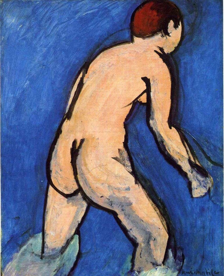 Back-view nude stepping into foamy water against an all-over ultramarine field; warm apricot skin bounded by dark contours, small russet cap of hair, and pale splashes at the ankles convey motion in Henri Matisse’s 1909 “Bather.”
