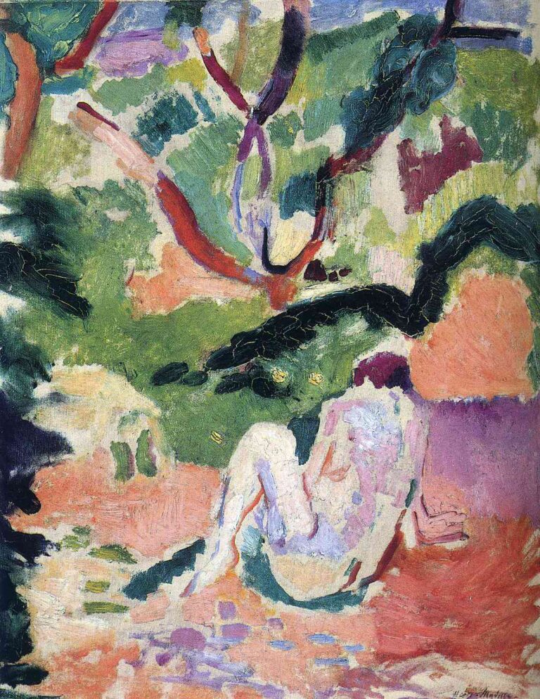 Fauvist scene of a seated nude leaning against a mauve vertical plane within a grove; branches curve overhead in red and near-black, foliage patches of mint, teal, and yellow surround a ground of coral and lilac; the figure is modeled with cool violets and pale pinks, merging softly into the environment.