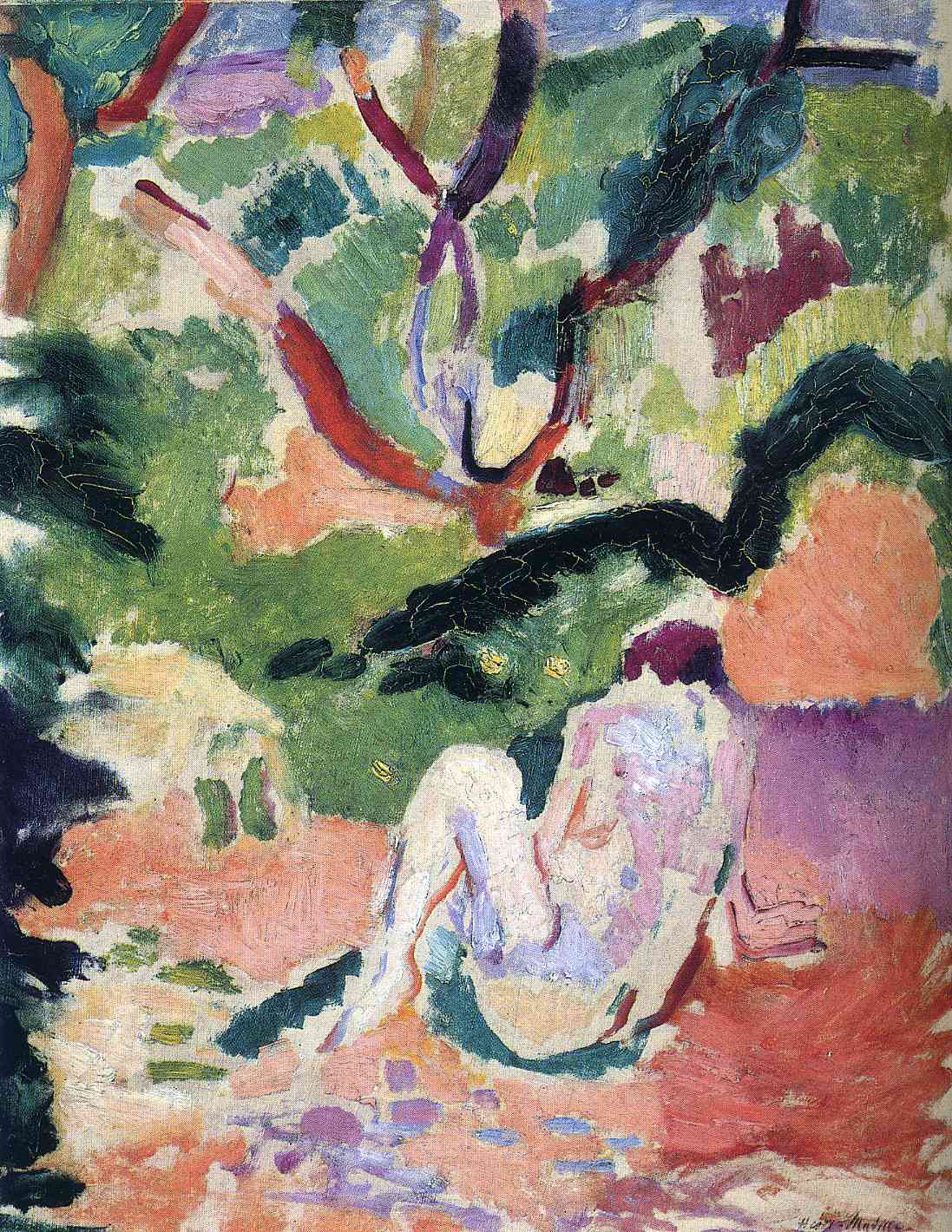 Fauvist scene of a seated nude leaning against a mauve vertical plane within a grove; branches curve overhead in red and near-black, foliage patches of mint, teal, and yellow surround a ground of coral and lilac; the figure is modeled with cool violets and pale pinks, merging softly into the environment.