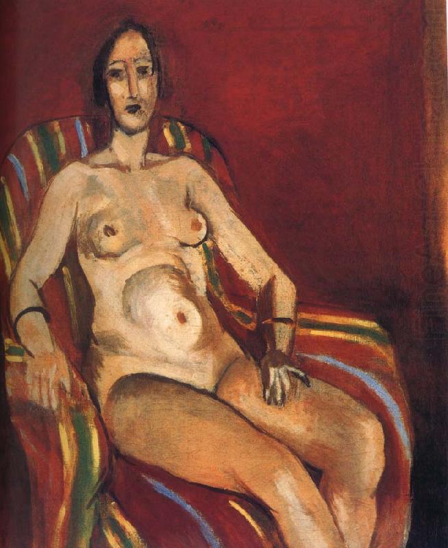 Seated nude woman in a striped armchair against a large red wall; simplified masklike face, warm flesh tones modeled by cool grays and olives, green–yellow–blue stripes curving around the chair; shallow, intimate space and expressive brushwork typical of Matisse’s 1923 Nice period.