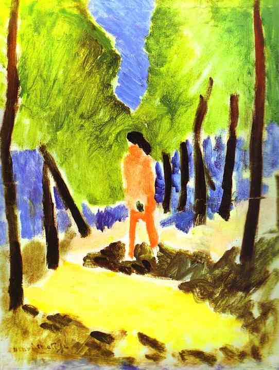 A simplified nude stands on a bright yellow path in a sunlit grove; dark tree trunks lean inward, lemony green foliage fills the canopy, violet-blue shadows pool to either side, and a wedge of blue sky opens above in Matisse’s 1909 “Nude in Sunlit Landscape.”