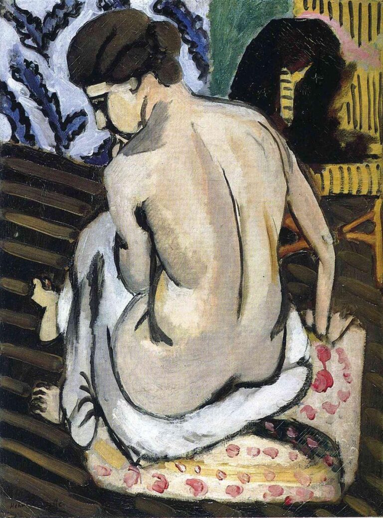 Seated nude viewed from behind, twisting left on a pink-dotted cushion with white drape over hips; diagonal dark floorboards, blue-and-white textile at left, yellow striped screen and cane chair at right; simplified flesh planes outlined by expressive black accents in Matisse’s 1918 style.